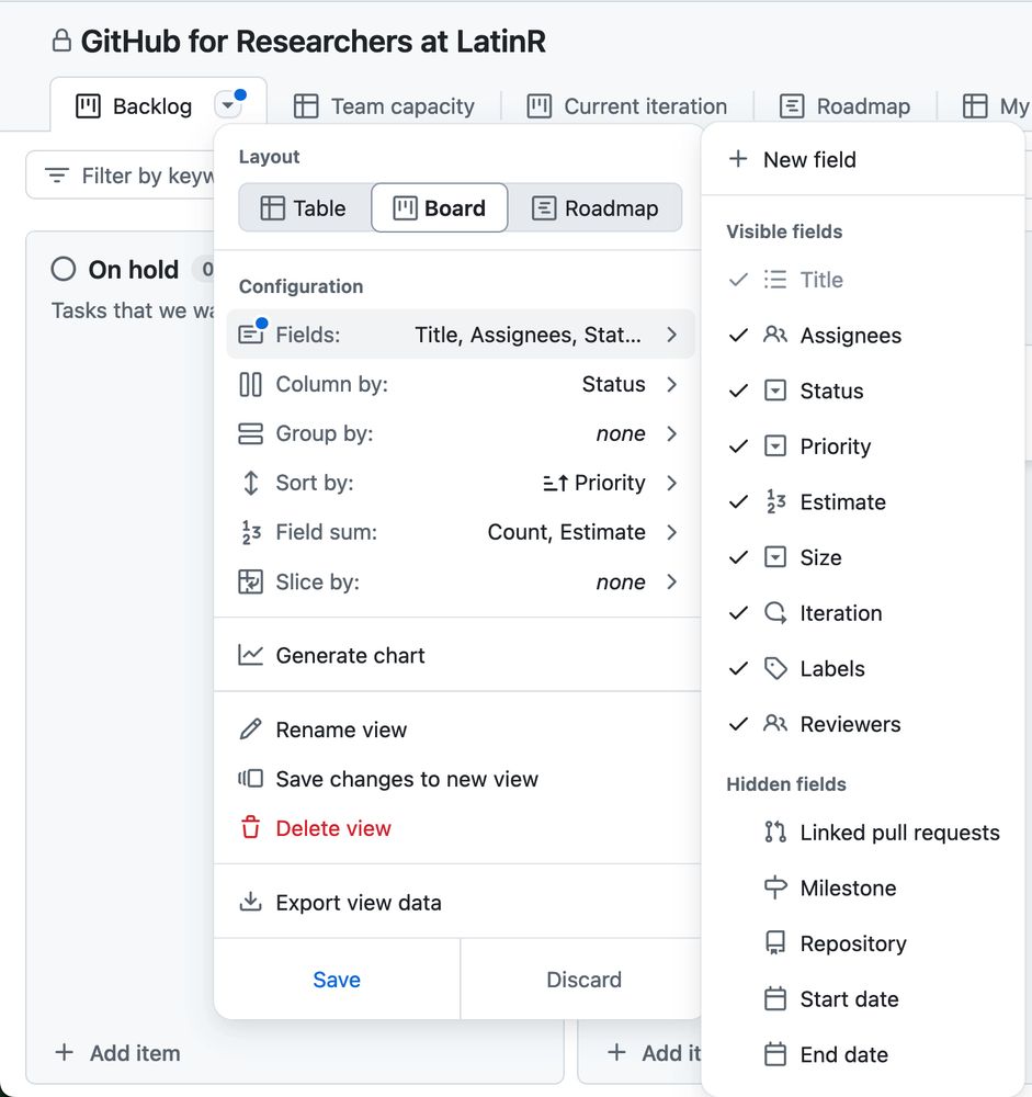 Layout options: Table, Board, Roadmap and list of Visible Field options