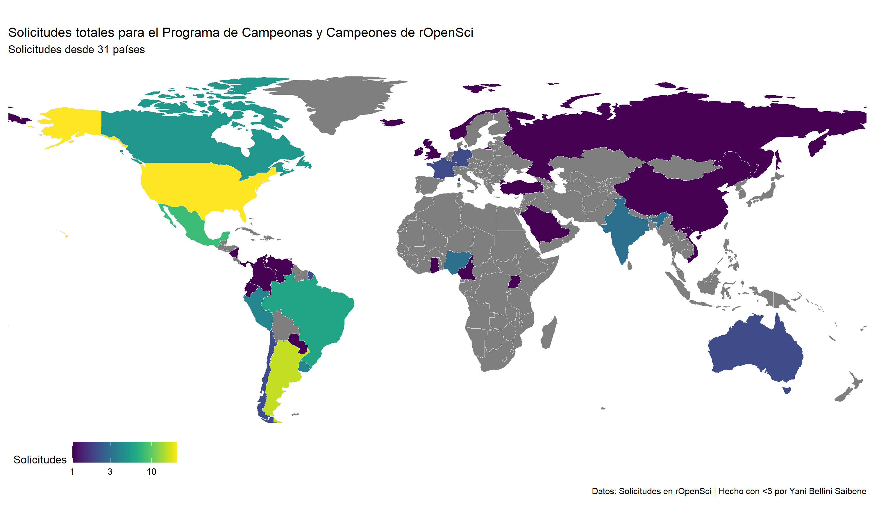Mapa del mundo con los países coloreados según el número de solicitudes. Se muestran aplicaciones en América, Europa, Oceanía, Asia y África (en ese orden con respecto al número de solicitudes).