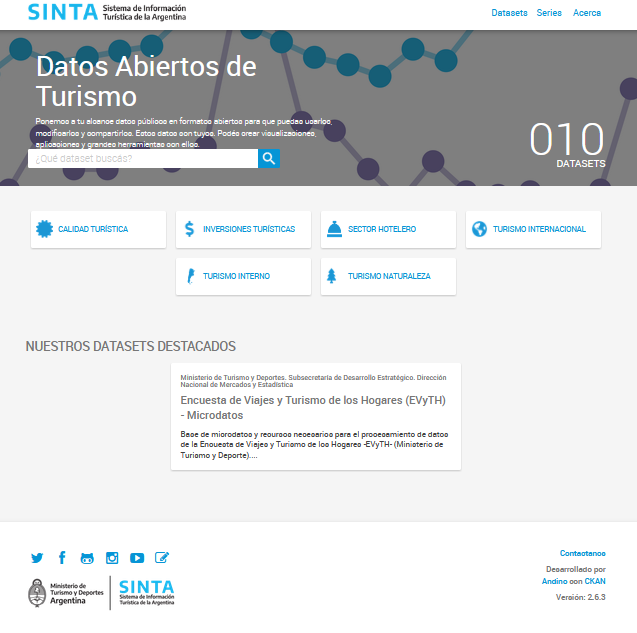 Screenshot of the SINTA system home page showing access to its open datasets.
