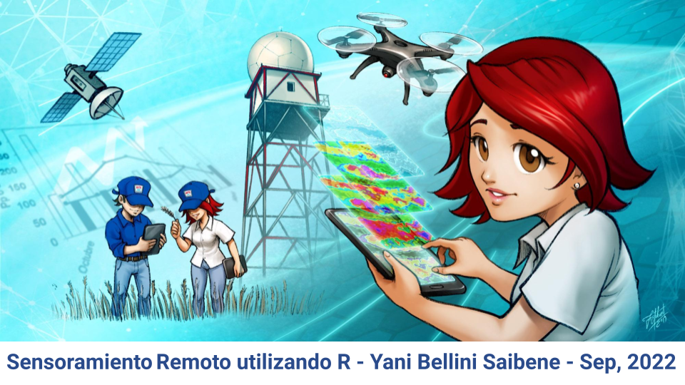 Caricatura mostrando un radar meterologico, un drone, un satélite, dos personas recorriendo un cultivo de trigo y una mujer usando una tablet donde se ven diferentes capas de un sistema de información geográfico
