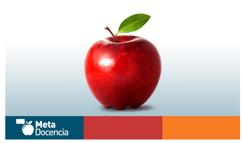 Manzana real con una sola hoja verde, emulando el logo de metadocencia sobre los tres colores de la identidad visual: azul, rojo y naranja con el logo y el nombre en blanco sobre el color azul abajo a la izquierda