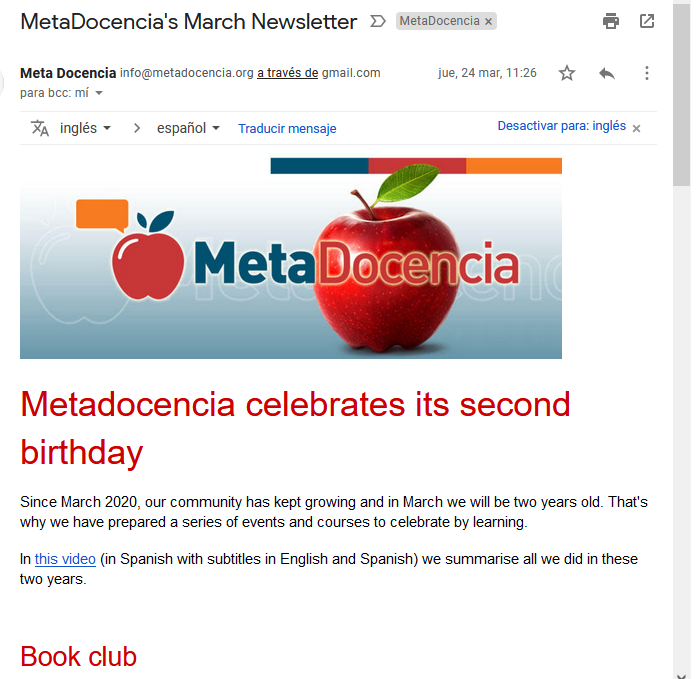 Encabezado con la manzana realista y MetaDocencia como nombre.  Titulo en inglés: MetaDocencia celebrates its second birthday