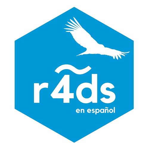 Etiqueta hexagonal ("hex sticker") para el proyecto titulado "r4ds en español" Arriba del número 4 y la letra d aparce una virgulilla y un condor.